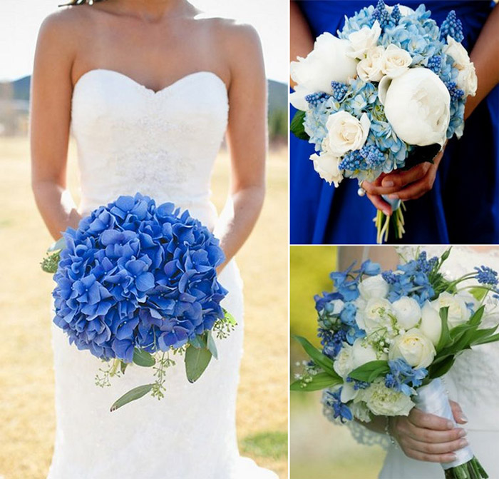 Бело-синие свадебные букеты